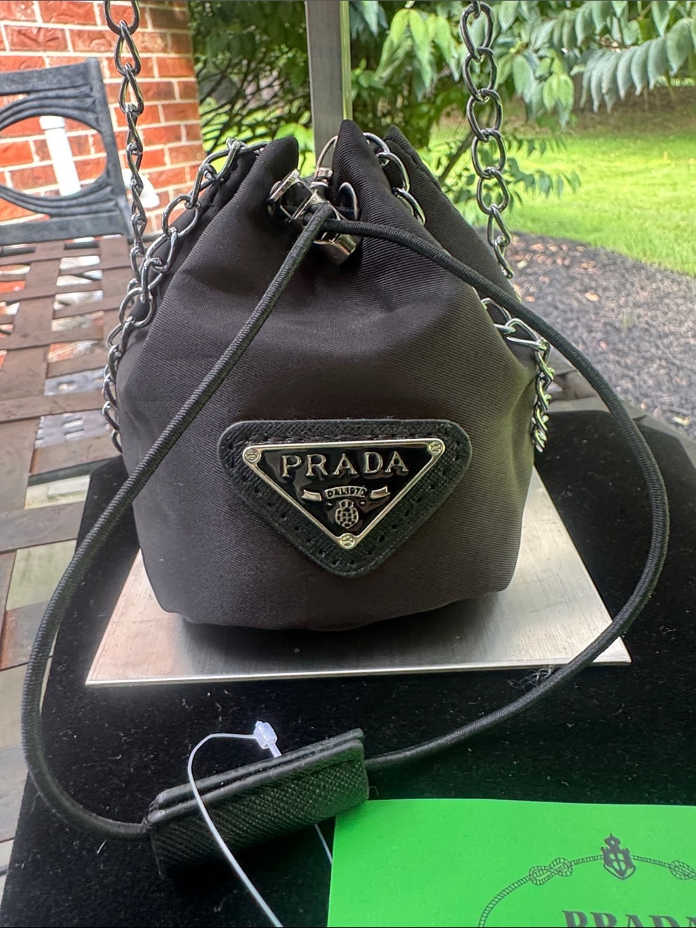 Bag Black Nylon Mini Drawstring Bucket Bag with Chain Strap